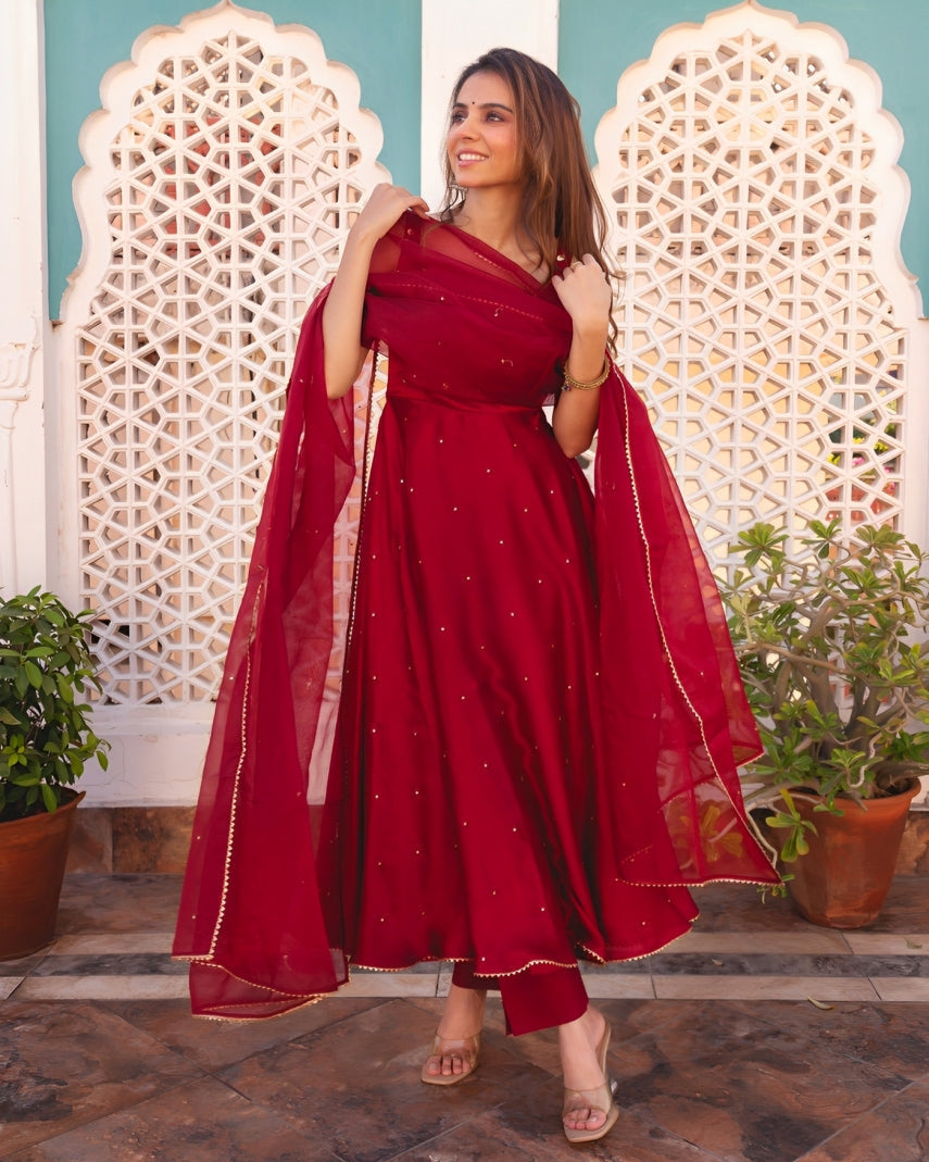 Red Georgetta Floral Anarkali gown with dupatta