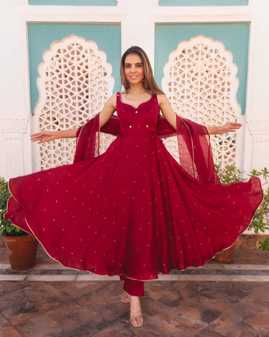 Red Georgetta Floral Anarkali gown with dupatta