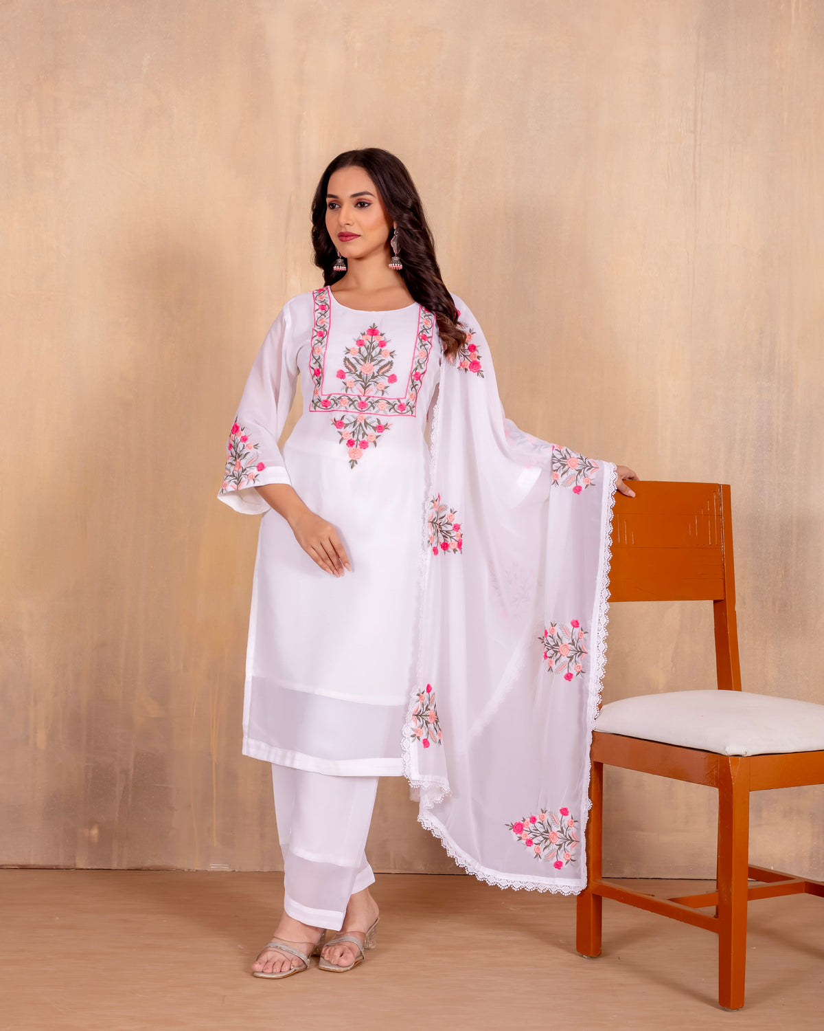 White Heavy Georgette with Embroidery Work & Fancy Bell Sleeve Kurta Set