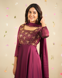 Wine Georgette Anarkali Embroidery & Thread Work Kurti