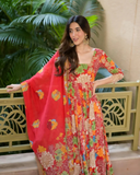 Elegant Floral Muslin Suit Set with Faux Blooming Dupatta