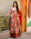 Elegant Floral Muslin Suit Set with Faux Blooming Dupatta